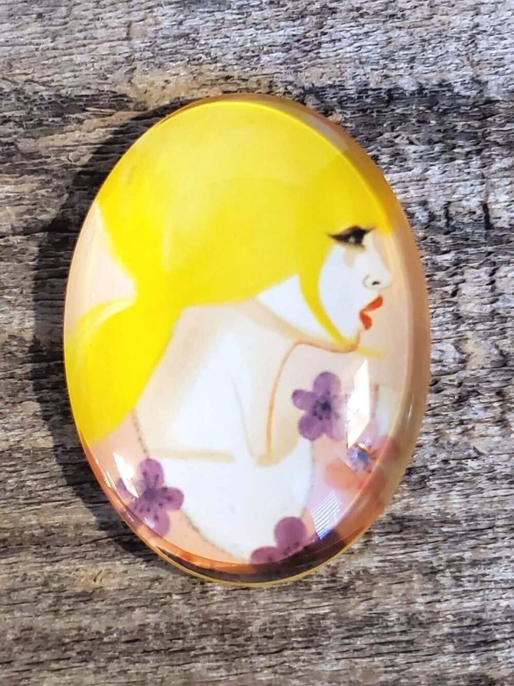 Artsy Fantasy Woman Yellow Hair Purple Flowers 40x30mm Oval Glass Cabochon